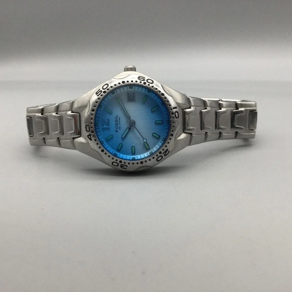 Fossil AM-3528 Womens Watch 29mm Blue Dial Date Stainless New Battery 6.5